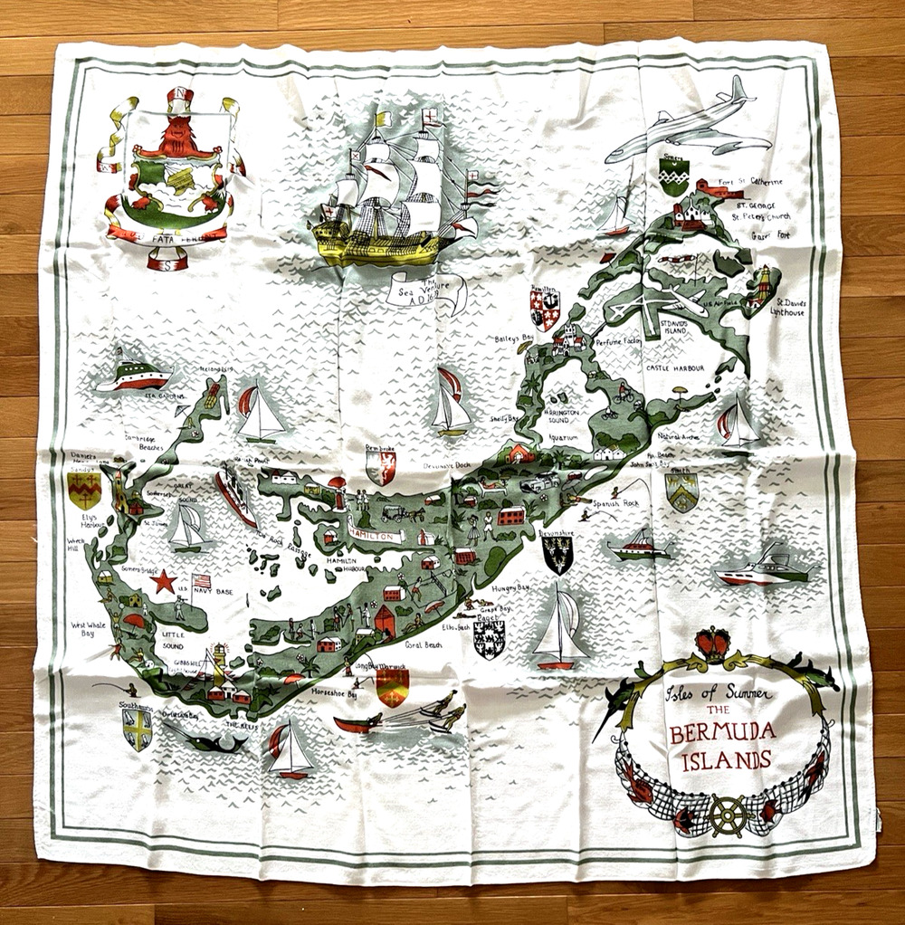 Isles of Summer Bermuda Islands Tablecloth Ireland Linen Souvenir 47”x 47” VTG